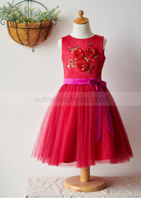 Red Satin Tulle Knee Length Flower Girl Dress With Handmade Rose Red Satin Tulle Knee Length Flower Girl Dress With Handmade Rose